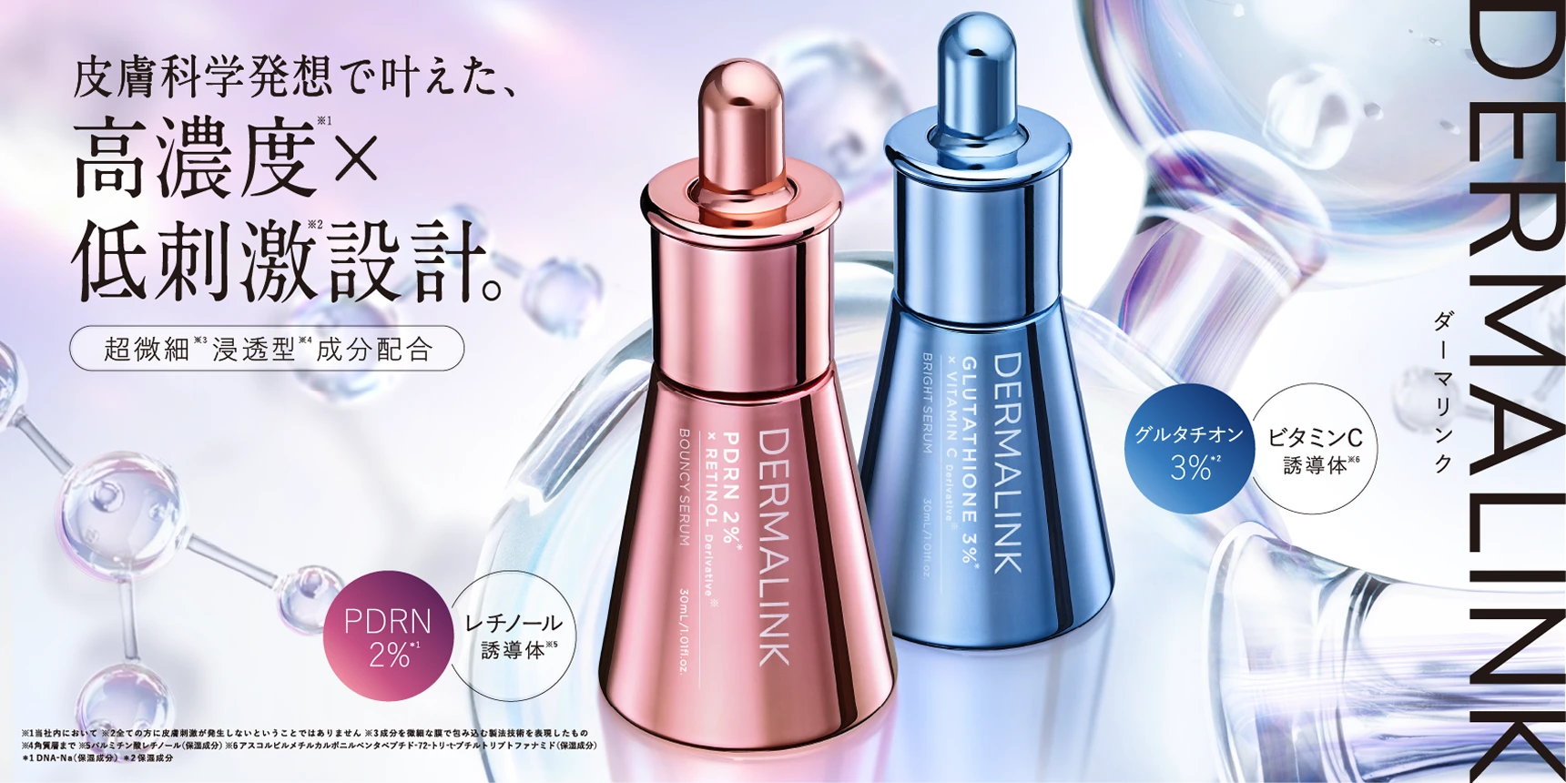 皮膚科学発想で叶えた、高濃度×低刺激設計。超微細“浸透型”成分配合 DERMALINK(バウンシーシリーズ・ブライトシリーズ)